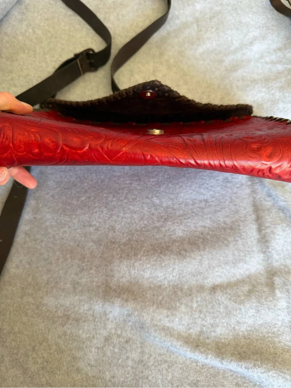 Red Tooled Leather Crossbody Bag with Braided Trim - Picture 3 of 6